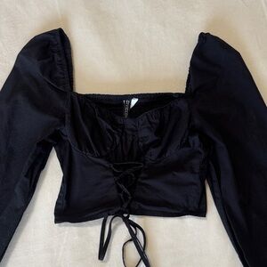 Divided Black Lace-Up Puff Sleeve Crop Top